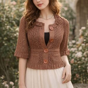 Hazel Brown Eyelet Lace 3/4 Sleeve 100% Cotton Pintuck Collar Cardigan Medium